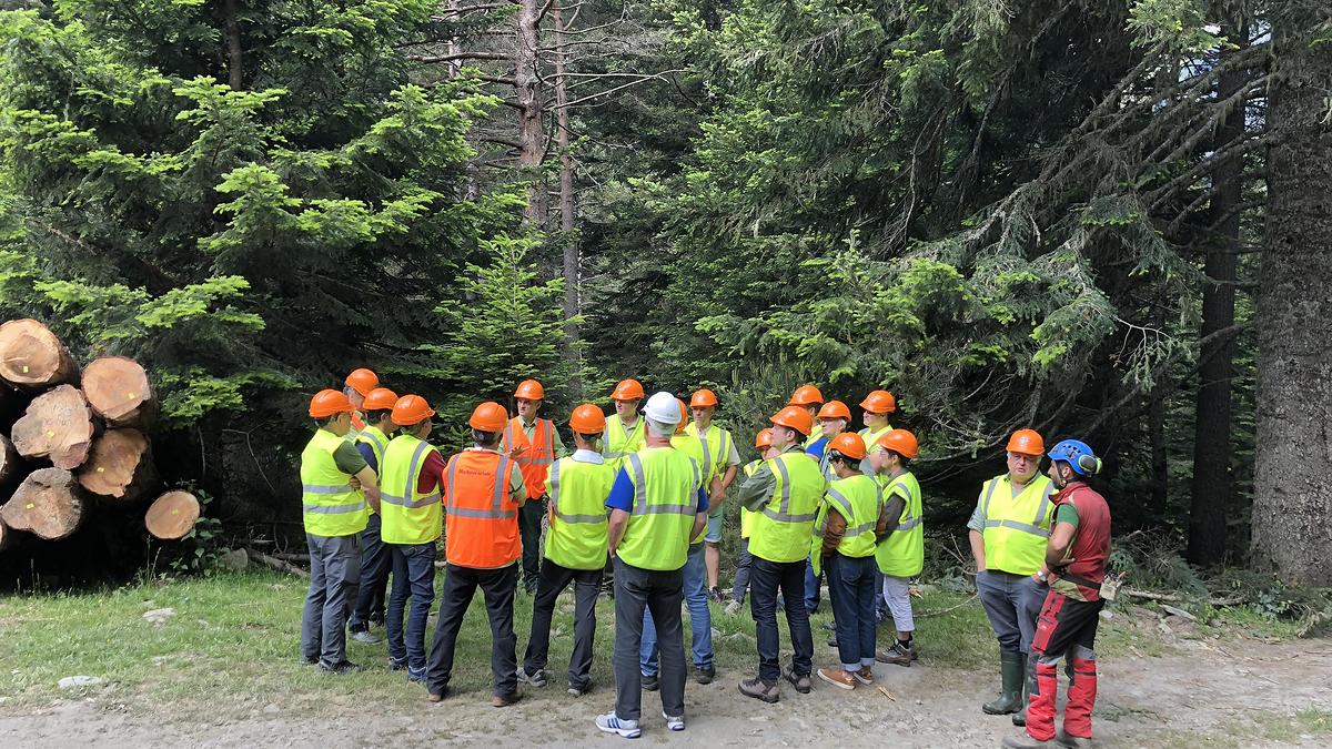 Jean-Lou Meunier, directeur de l'agence territoriale ONF des Hautes-Pyrénées explique aux élus présents les intérêts d'un chantier par câble-mât