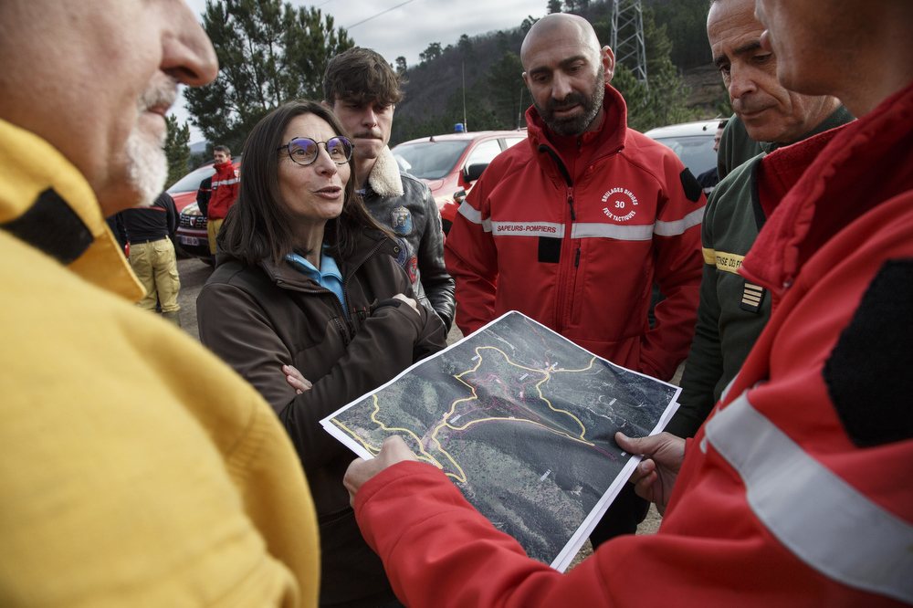 Réunion sur le terrain entre les pompiers et les APFM de la DFCI, en forêt domaniale du Rouvergue (30)