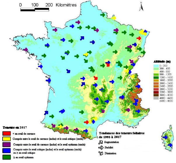 Carte du niveau moyen de l’alimentation foliaire en magnésium (en 2017) et tendance (de 1993 à 2017), dans les peuplements du réseau RENECOFOR