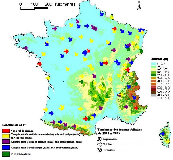 Carte du niveau moyen de l’alimentation foliaire en phosphore (en 2017) et tendance (de 1993 à 2017), dans les peuplements du réseau RENECOFOR