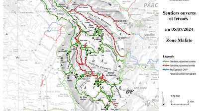 Carte de la zone Mafate - Sentiers ouverts / fermés - ONF
