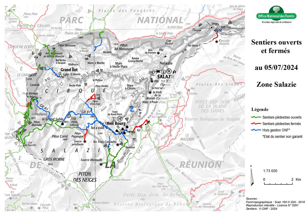 Carte de la zone Salazie - Sentiers ouverts / fermés - ONF