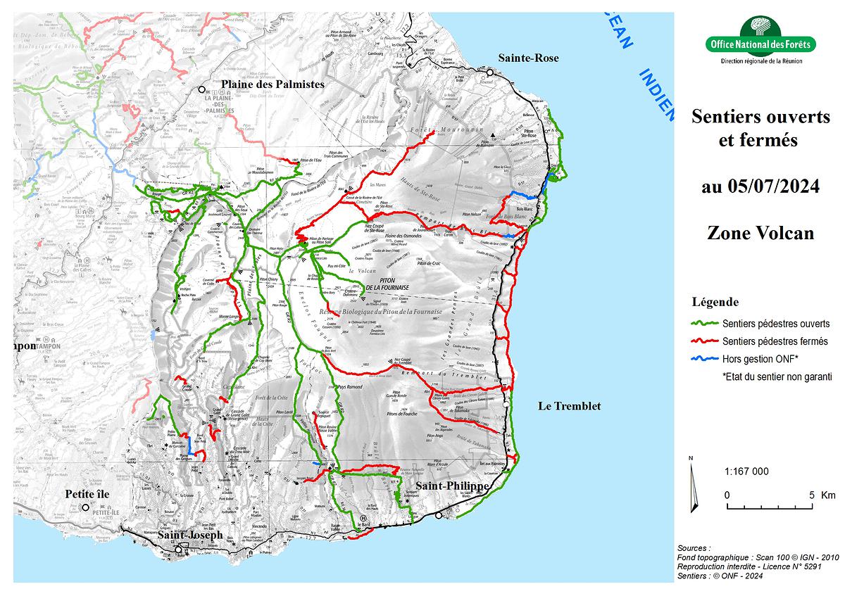 Carte de la zone Volcan - Sentiers ouverts / fermés - ONF
