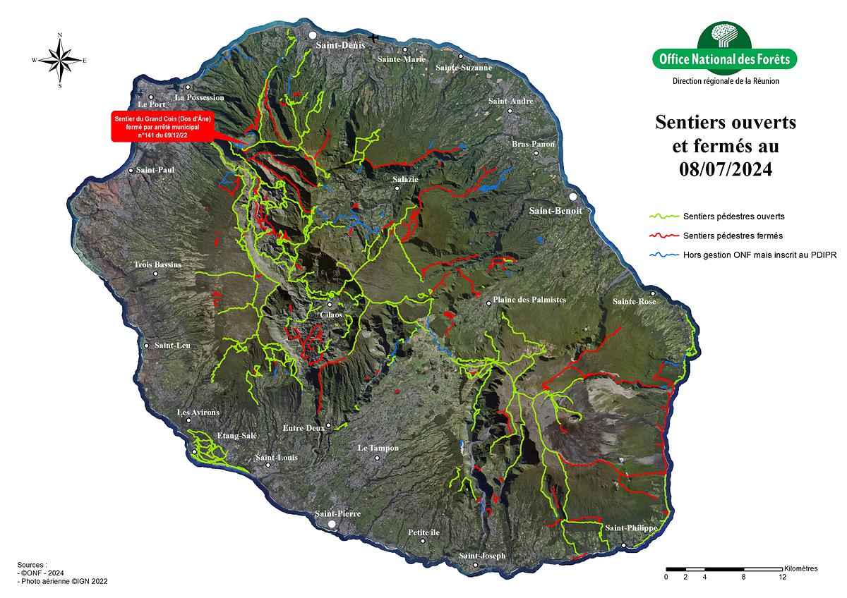 ONF Réunion - Carte sentiers ouverts fermés - 08.07.2024