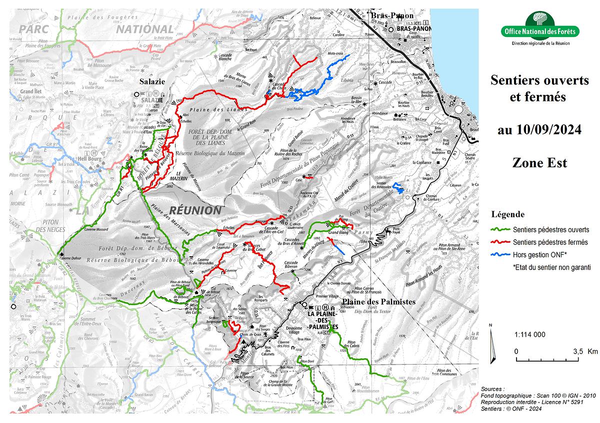 Carte de la zone Est - Sentiers ouverts / fermés - ONF