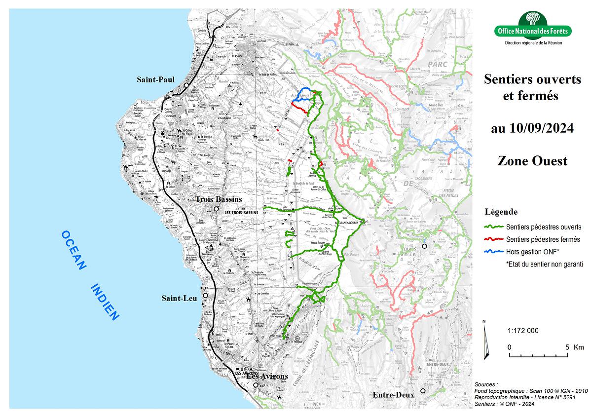 Carte de la zone Ouest - Sentiers ouverts / fermés - ONF