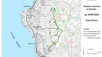 Carte de la zone Ouest - Sentiers ouverts / fermés - ONF