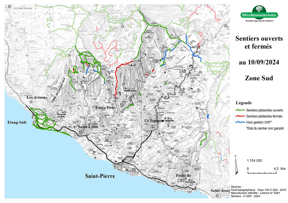 Carte de la zone Sud - Sentiers ouverts / fermés - ONF