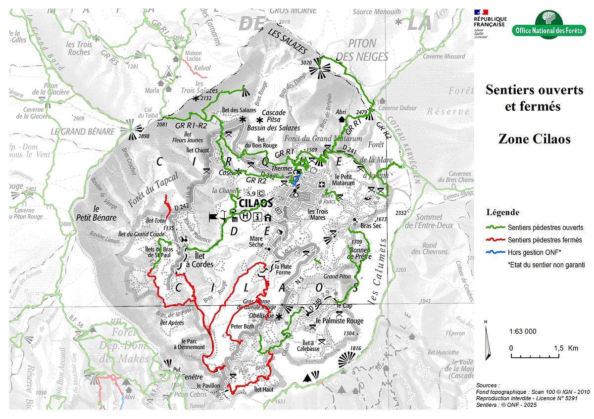Carte de la zone Cilaos - Sentiers ouverts / fermés - ONF