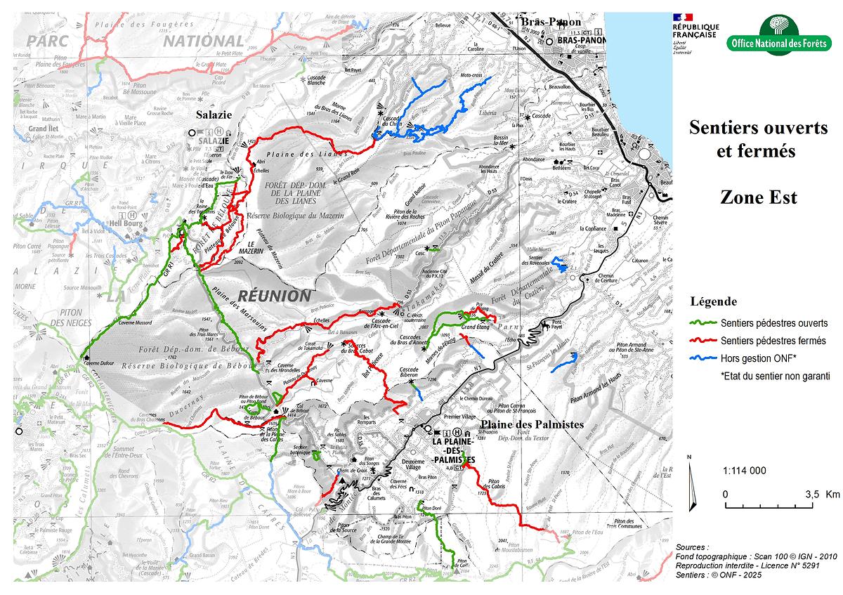 Carte de la zone Est - Sentiers ouverts / fermés - ONF