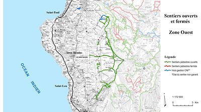 Carte de la zone Ouest - Sentiers ouverts / fermés - ONF