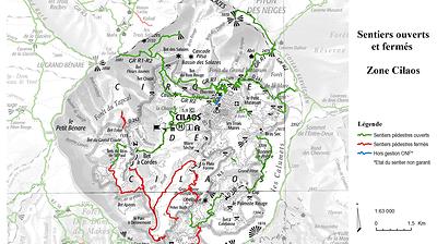 Carte de la zone Cilaos - Sentiers ouverts / fermés - ONF