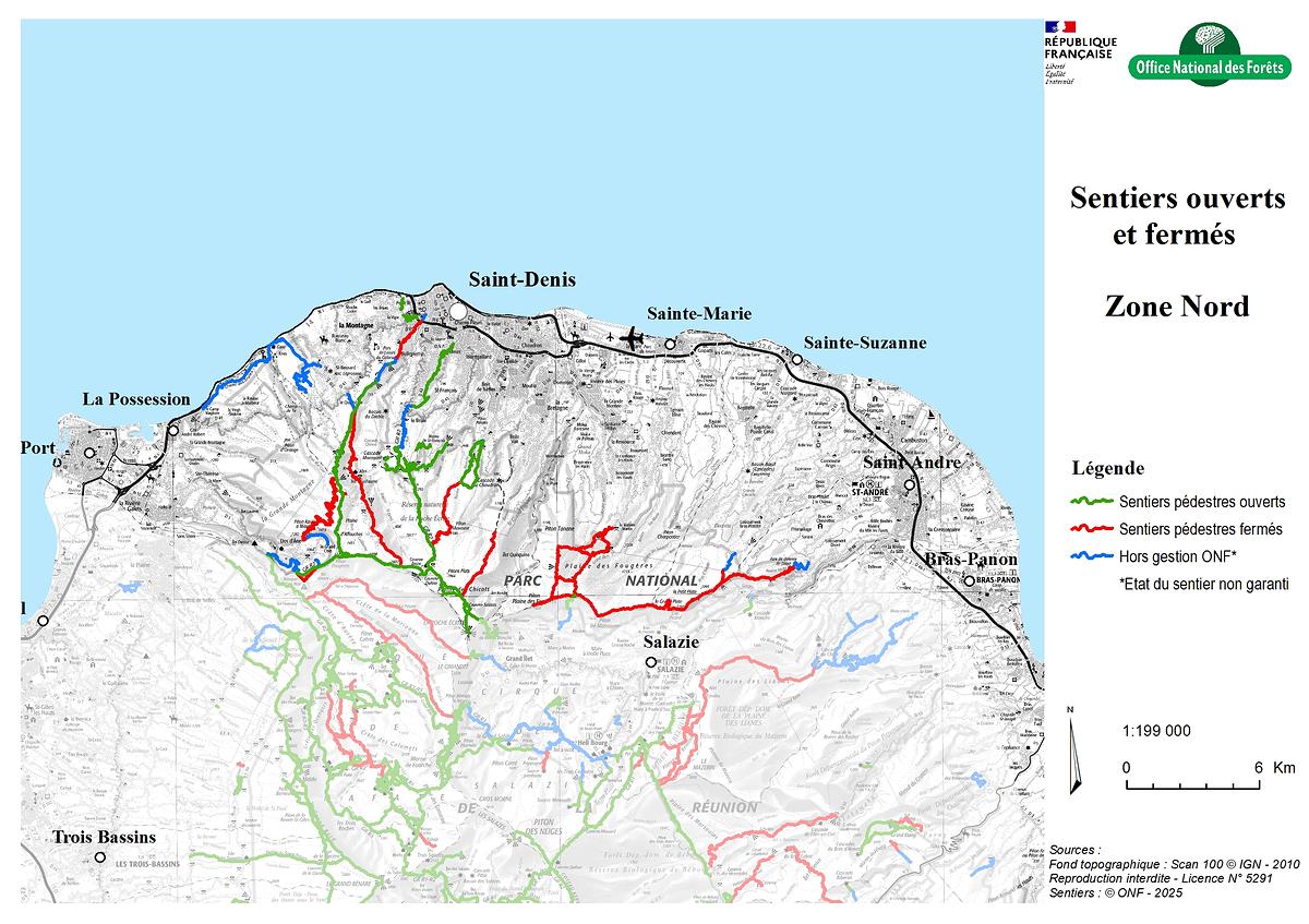 Carte de la zone Nord - Sentiers ouverts / fermés - ONF