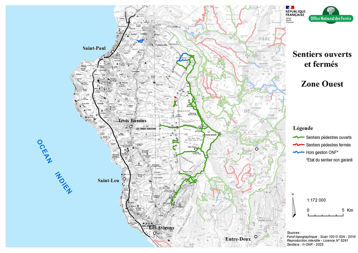 Carte de la zone Ouest - Sentiers ouverts / fermés - ONF