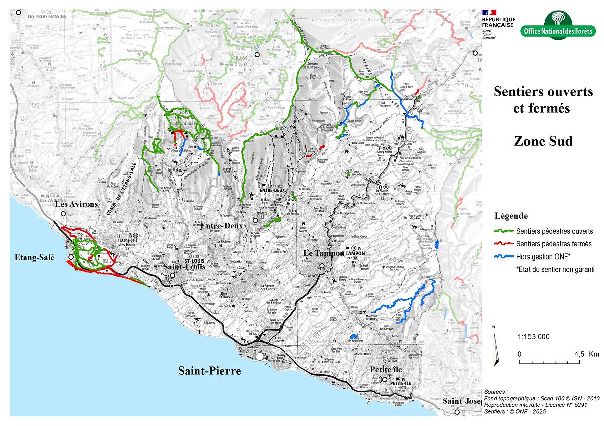 Carte de la zone Sud - Sentiers ouverts / fermés - ONF