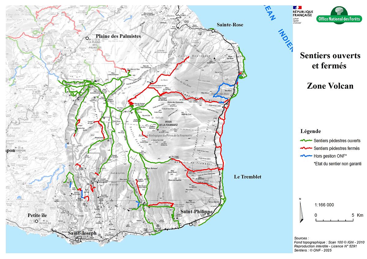 Carte de la zone Volcan - Sentiers ouverts / fermés - ONF