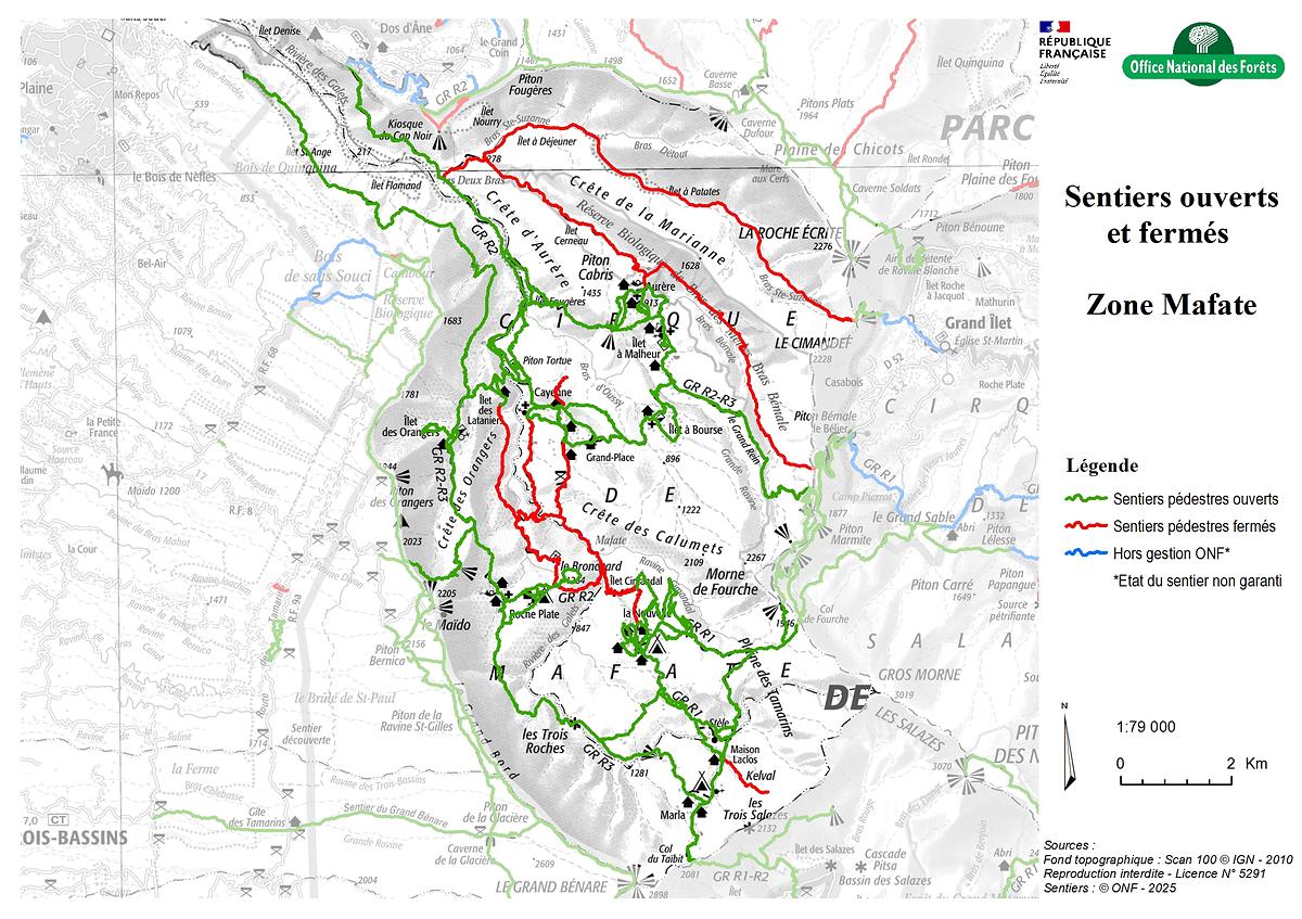 Carte de la zone Mafate - Sentiers ouverts / fermés - ONF